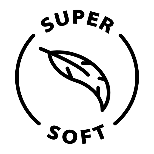 Logo with a feather and 'Super Soft' text on a white background